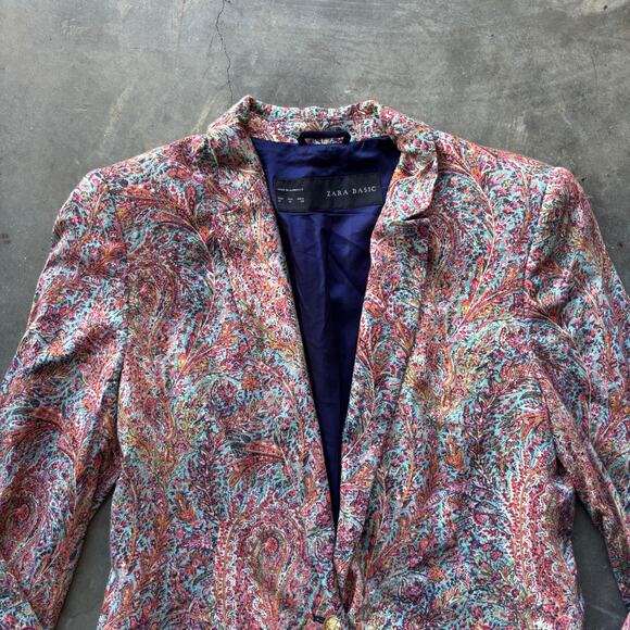 Zara Basic Blazer Women's Medium Paisley Print Knit Stretch One Button Jacket - Picture 2 of 12